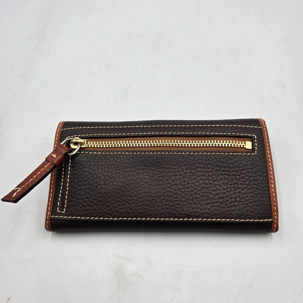 Vtg Dooney & Bourke Pebble Grain Continental Clutch Wallet Checkbook Brown Tan